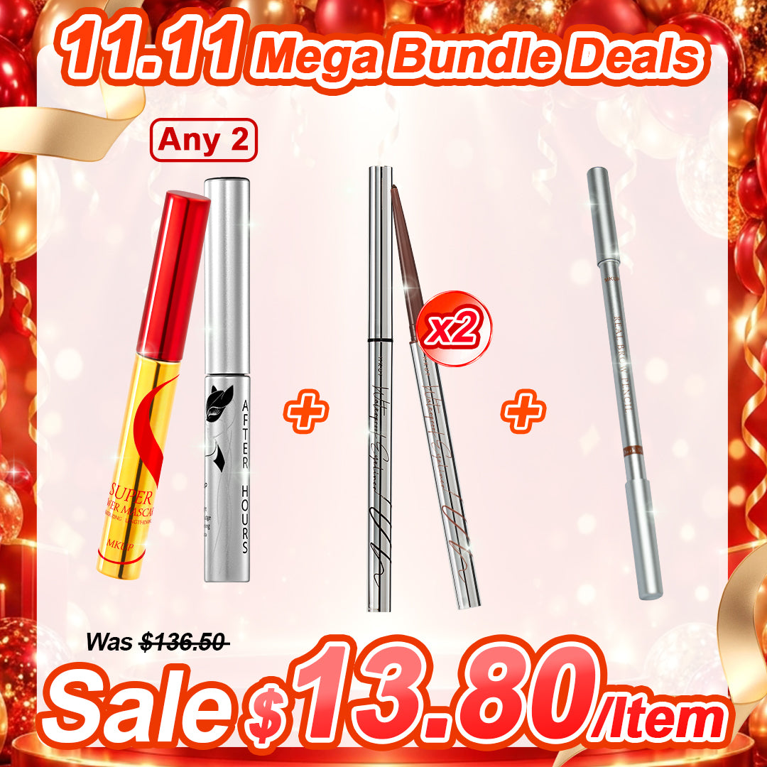 MKUP (AFTER HOURS Lengthening Mascara / Super Lengthening Mesmerizing Power Mascara) Pick 2 + Waterproof Liner Pick 2 + Eyebrow Pencil (Random Color)