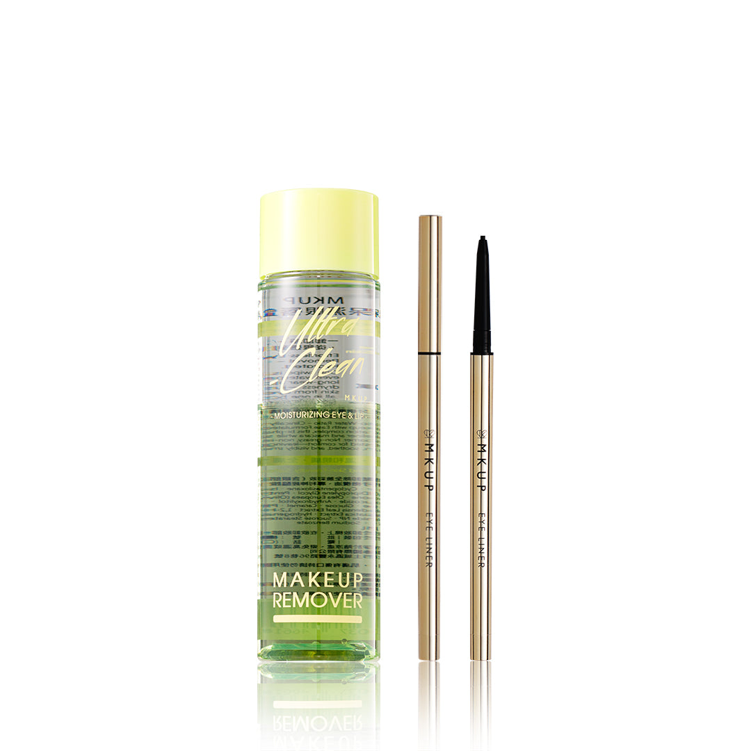 MKUP Ultra-Clean Moisturizing Eye & Lip Makeup Remover + (Intense Black Waterproof Liner / 1.5mm Smudgeproof Eyeliner Gel) Pick One