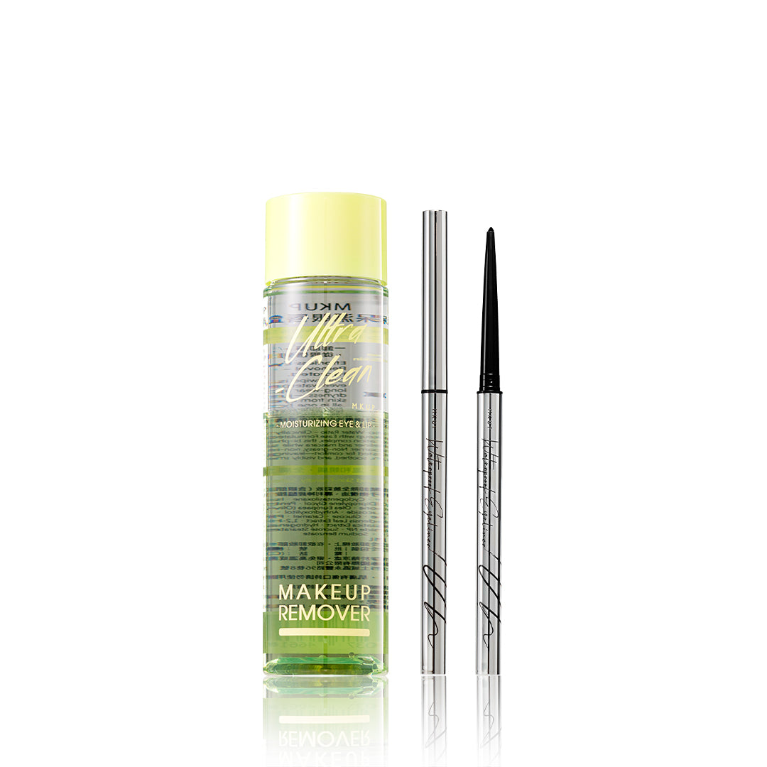 MKUP Ultra-Clean Moisturizing Eye & Lip Makeup Remover + (Intense Black Waterproof Liner / 1.5mm Smudgeproof Eyeliner Gel) Pick One