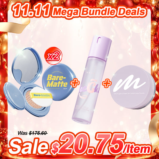 MKUP Absolute Coverage Bare-Matte Cushion Foundation SPF25 PA++ x2 + Beauty-Check Long-Lasting Setting Spray + Light & Sheer Oil-Control Loose Powder