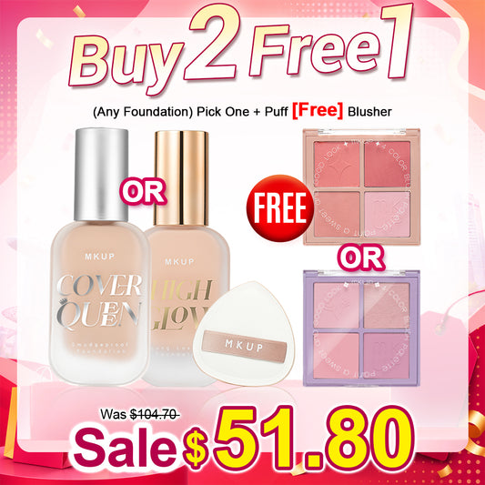 MKUP (Cover Queen Smudgeproof Foundation SPF34★★★ / High Glow Foundation SPF34★★★) Pick One + Puff【Free】(PetalPlump Purple Cheek Palette / Blushing Beauty Palette) Pick One