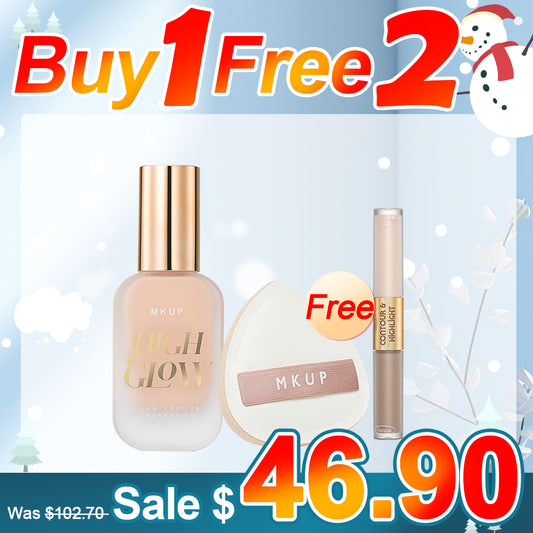 MKUP High Glow Long Lasting Foundation + Bouncy Foundation Cushion + Refined Definition Contour Highlighter