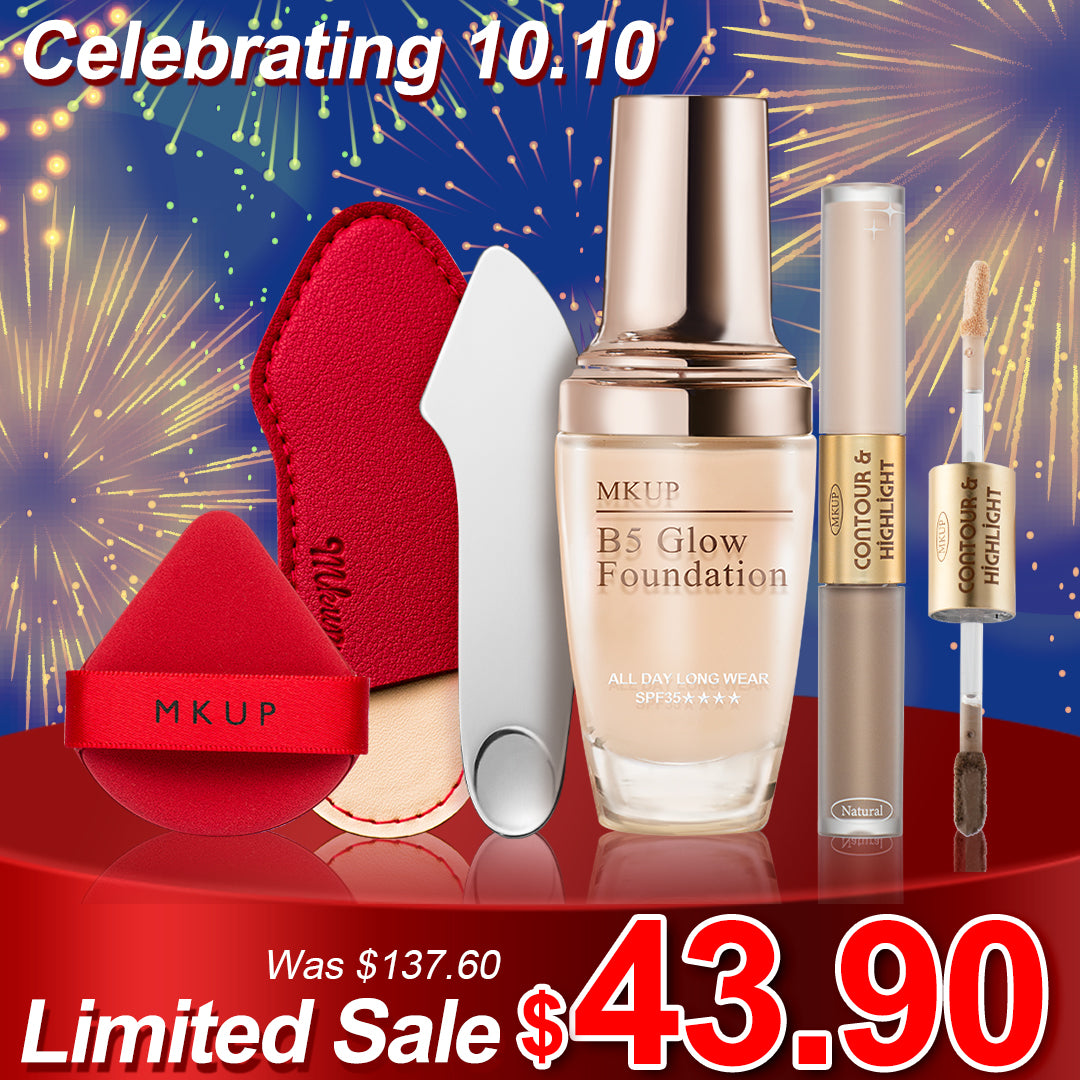 MKUP B5 Glow Foundation + Refined Definition Contour Highlighter + Flawless Foundation Spatula + Bouncy Foundation Puff